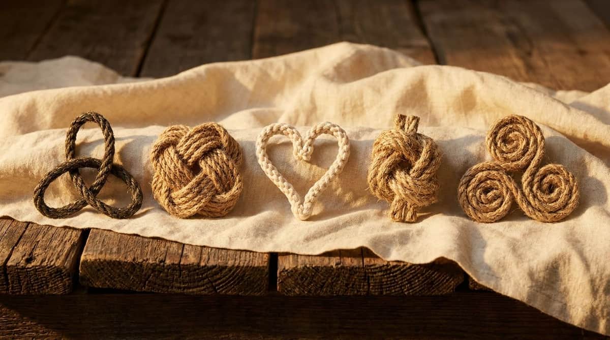 Editorial still-life of five rope knots on linen, each echoing a Celtic knot design: Trinity (triquetra loop), Dara (woven cluster), Lover's (heart shape), Shield (square knot), and Spiral (triskele coil)