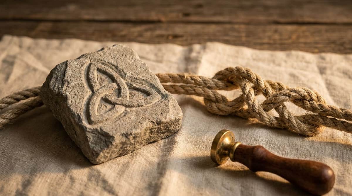 Editorial still-life of a stone carved with a triquetra knot, a length of rope tied in a continuous interlaced knot, and a brass wax-seal stamp on linen
