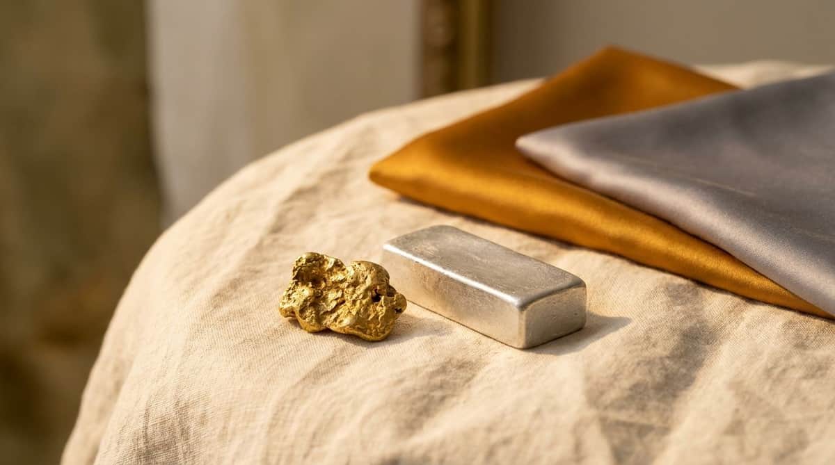 gold nugget and silver ingot with warm and cool-toned fabric swatches, editorial still life