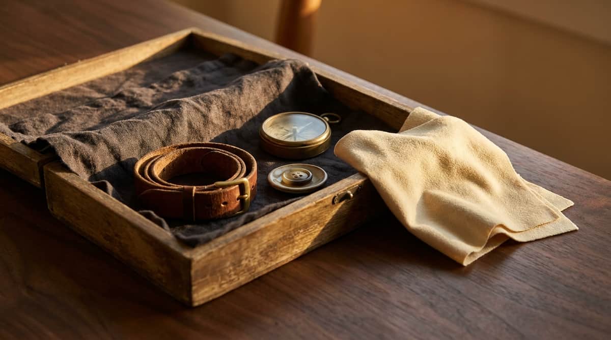 An open wooden valet tray with a coiled leather strap, a brass pocket compass, a horn button and a polishing cloth, styled editorial still life