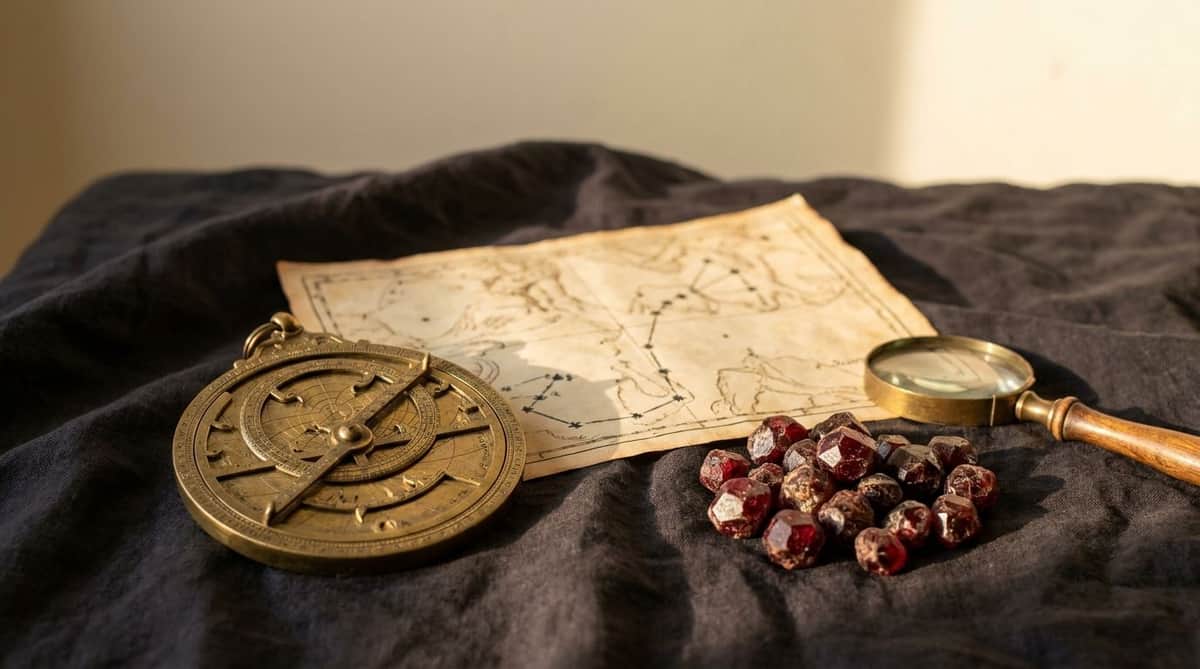 Antique brass astrolabe and a hand-drawn star chart of the Scorpio constellation on dark linen, beside raw red garnet crystals and a vintage magnifying glass, warm golden-hour light