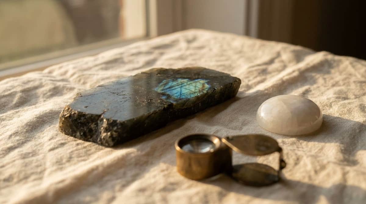 Raw labradorite slab showing a blue-green flash beside a pale polished moonstone cabochon and a brass loupe on linen