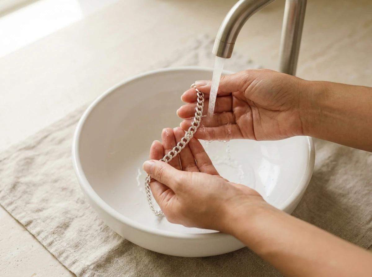 A silver chain being rinsed under running water over a bowl