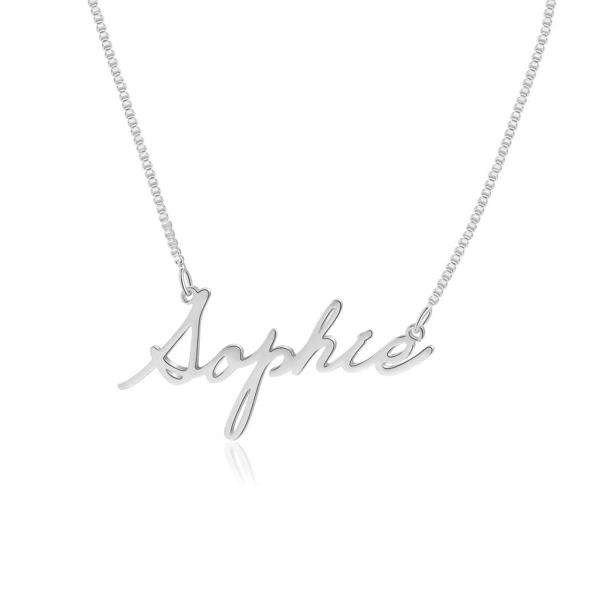 A gold signature-style script name necklace, handwriting rendered in polished metal