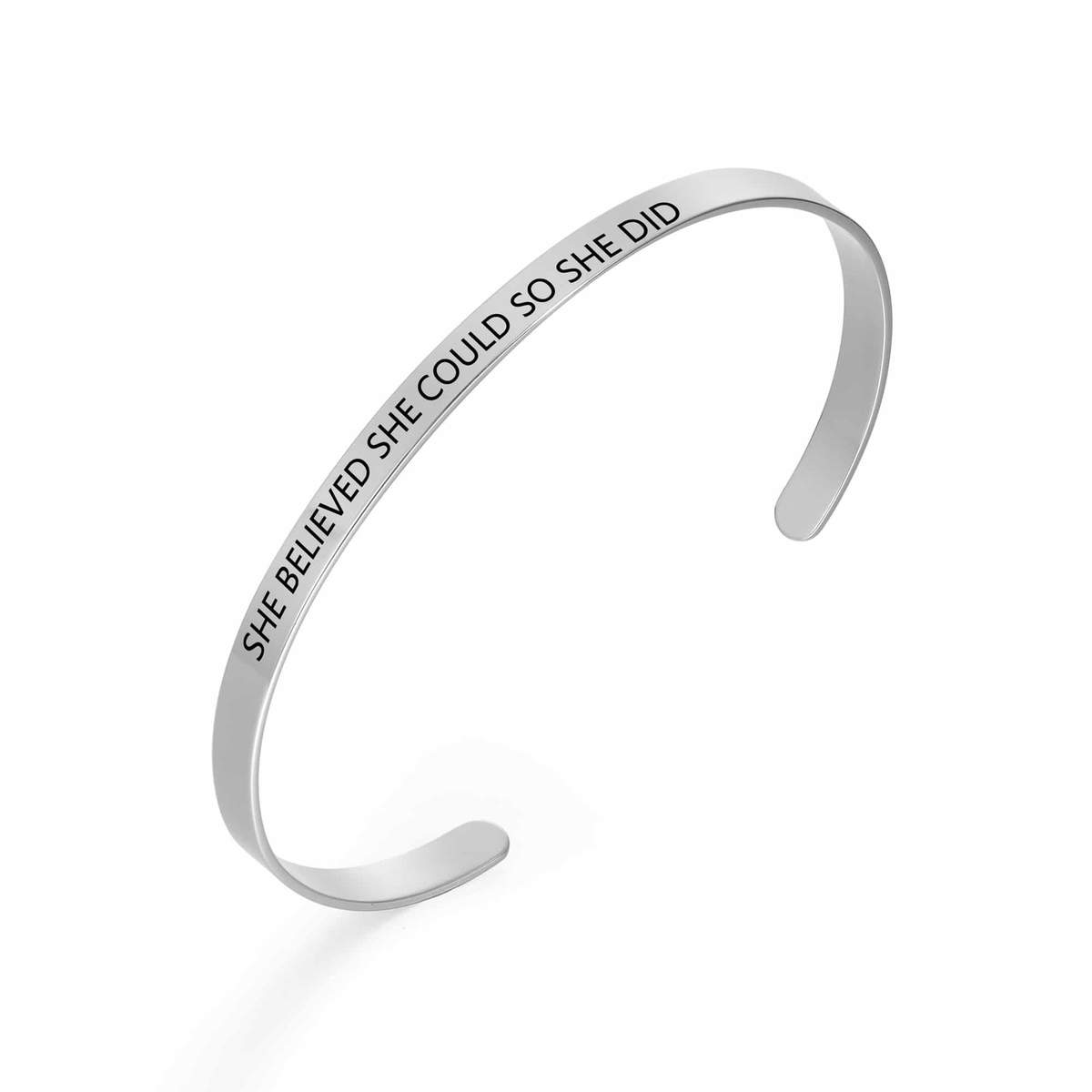 A silver-tone plated bangle engraved with a wedding date, names and coordinates — a 25th anniversary gift