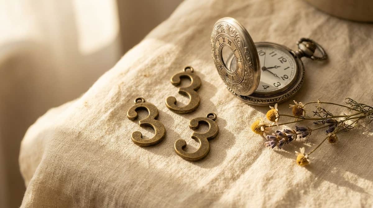Three antique brass numeral-3 charms and a vintage open pocket watch on linen, styled as an editorial still life
