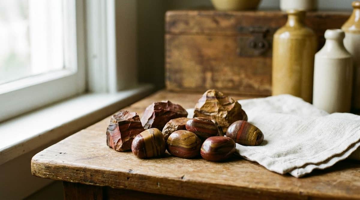 Raw and tumbled red-brown banded jasper stones arranged on a rustic wooden table by a window, with a linen cloth and ceramic jars in the background