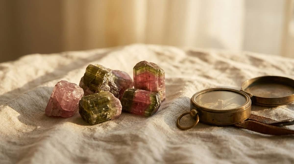 Raw pink, green and watermelon tourmaline crystal specimens on linen with a small brass compass