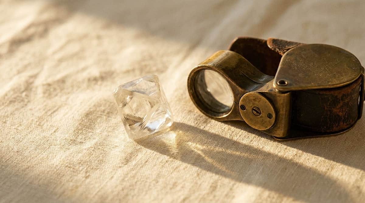 A rough, uncut octahedral diamond crystal and a brass jeweler's loupe on linen
