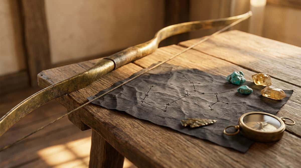An antique brass longbow and arrowhead beside a hand-drawn Sagittarius constellation diagram on dark linen, with raw turquoise and topaz crystals and a brass compass