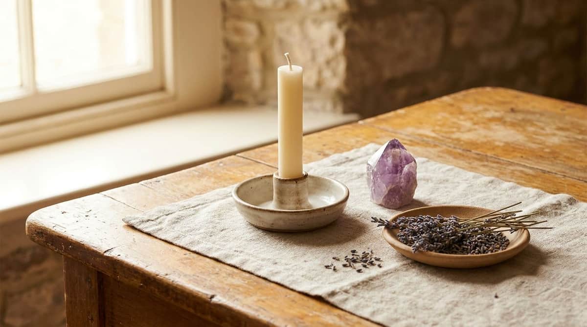 an unlit candle, a raw amethyst point, and a dish of dried lavender on a linen-topped wooden table