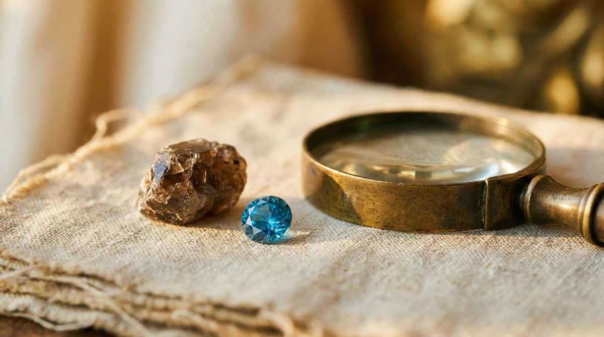 A faceted blue zircon gem and a raw brownish zircon crystal on linen