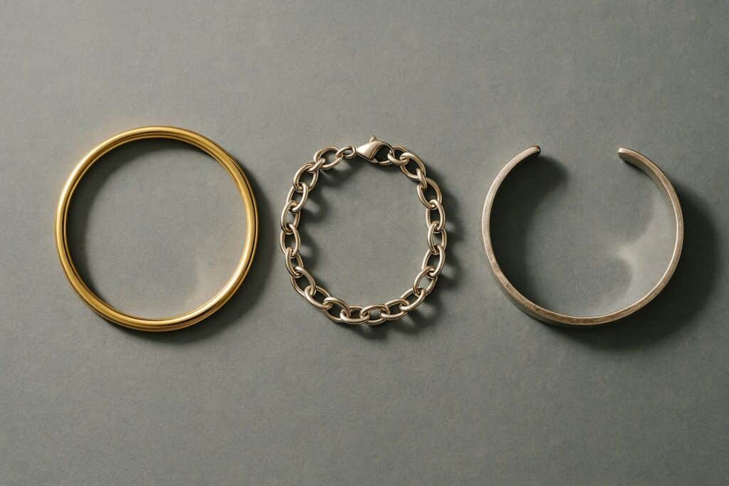 Gold bangle, silver chain-link bracelet, and brushed silver open cuff bracelet laid side by side on a grey background