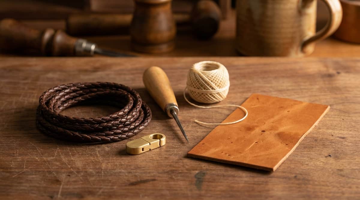 A coil of dark braided leather bracelet cord, a brass clasp, a leather awl, waxed thread, and a swatch of tan leather on a wooden workbench