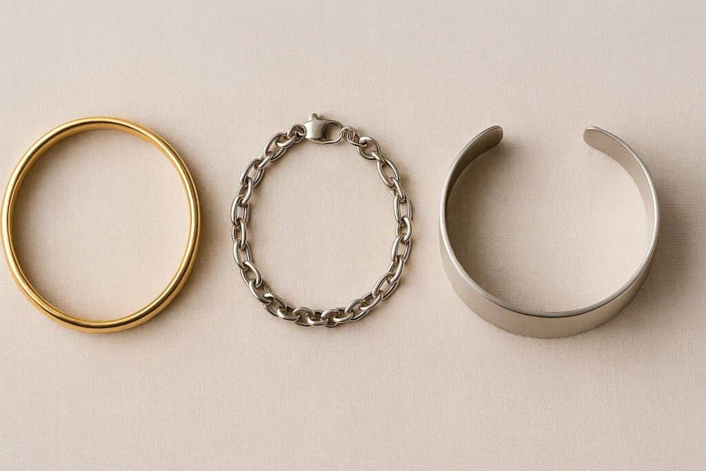 Gold bangle, silver chain-link bracelet, and brushed silver open cuff bracelet on warm neutral linen