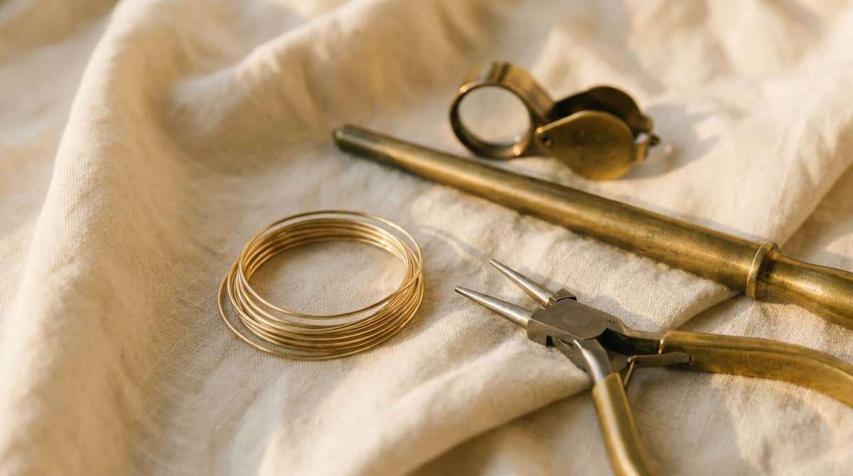 Coiled raw gold-tone wire beside a jeweler's round-nose pliers, brass mandrel, and loupe on cream linen, evoking ear cuff craftsmanship