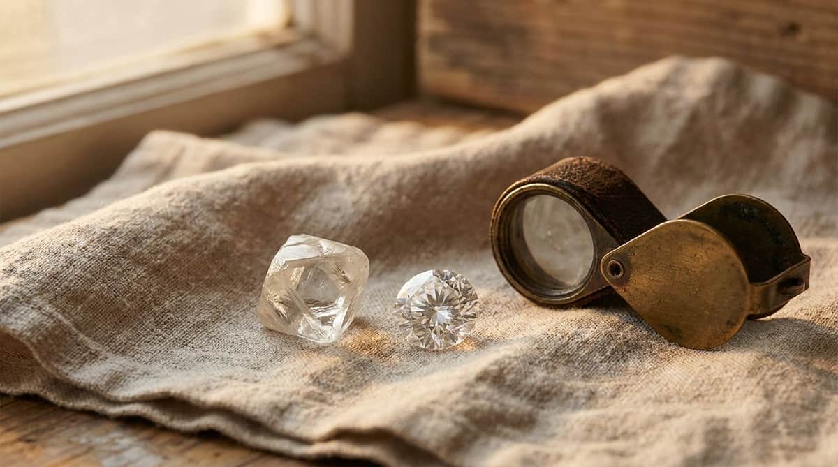 A rough, uncut octahedral diamond crystal beside a brilliant-cut faceted gemstone and an antique brass jeweler's loupe on linen, editorial still-life cover photograph