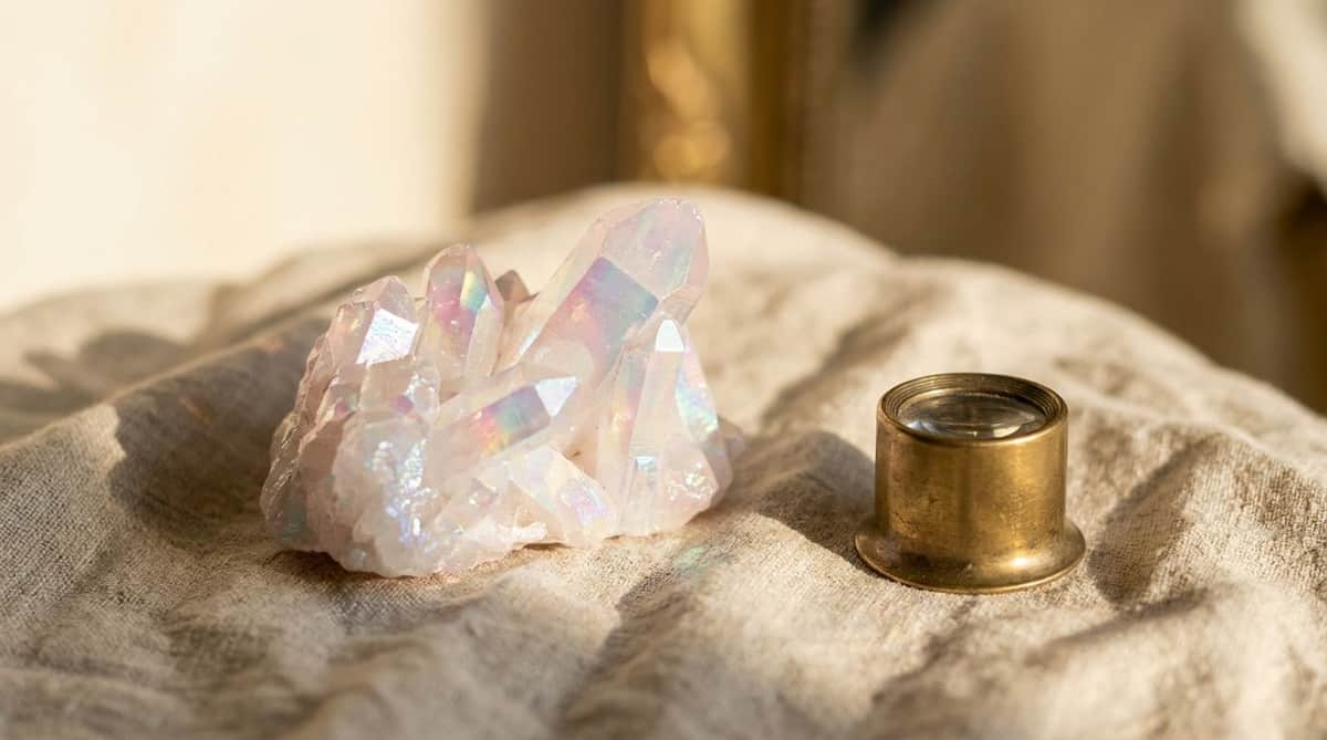 Raw angel aura quartz crystal cluster with an iridescent pastel white, blue, and pink sheen, resting on linen beside a jeweler's loupe