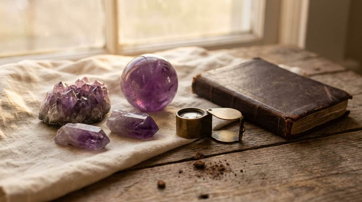 raw amethyst crystal points and a polished sphere beside a brass jeweler's loupe and an old leather-bound book on linen