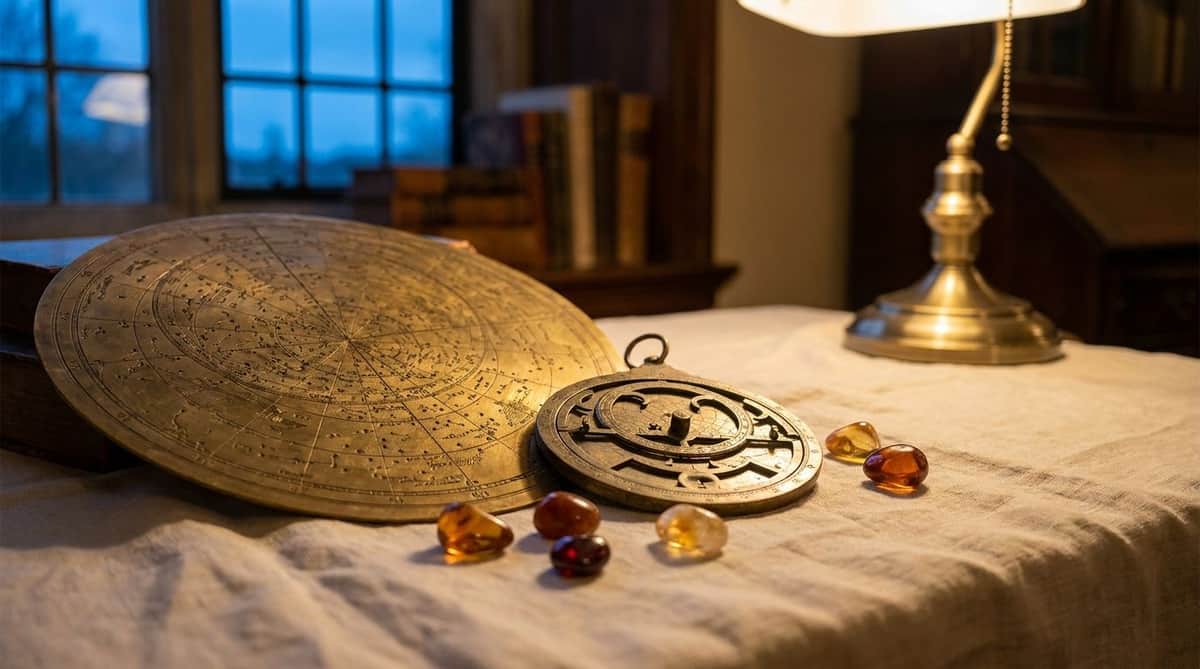 A brass celestial star chart and astrolabe with loose amber and garnet stones on linen