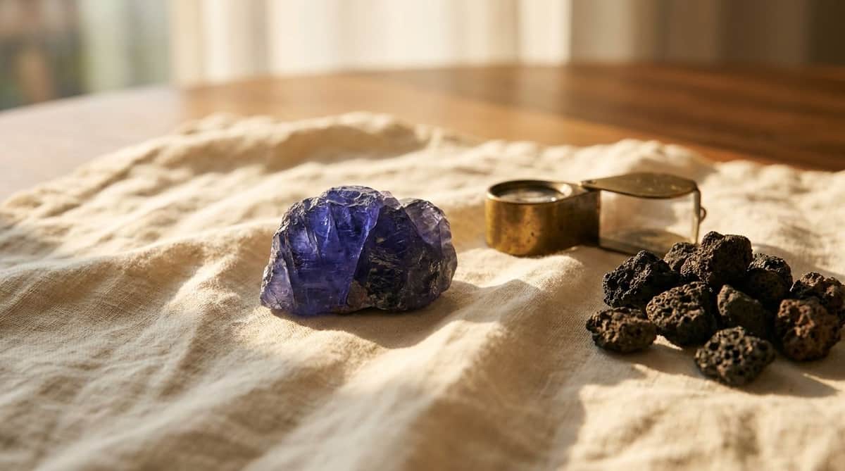 A raw blue-violet tanzanite crystal on linen beside a geologist's loupe