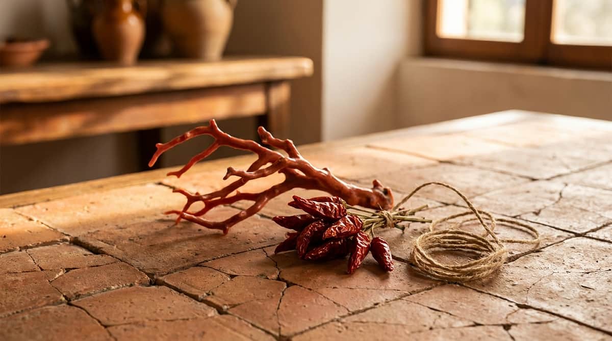 A branch of red coral and a bundle of dried red chili peppers tied with twine on a terracotta table, evoking the Italian cornicello amulet
