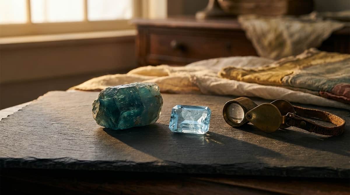 A raw blue-green aquamarine crystal and a cut pale-blue topaz gemstone resting beside a brass jeweler's loupe on a dark slate surface