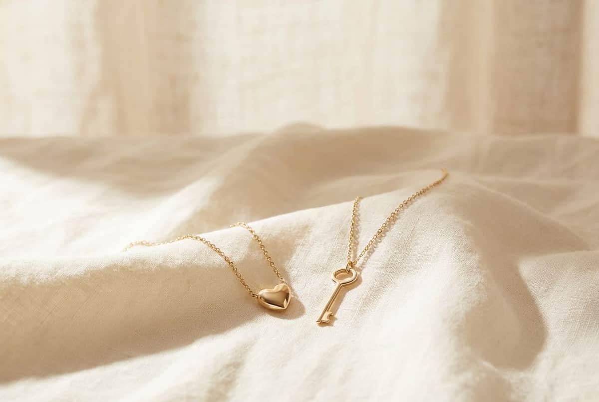 A gold heart pendant and a gold key pendant lying side by side on ivory linen