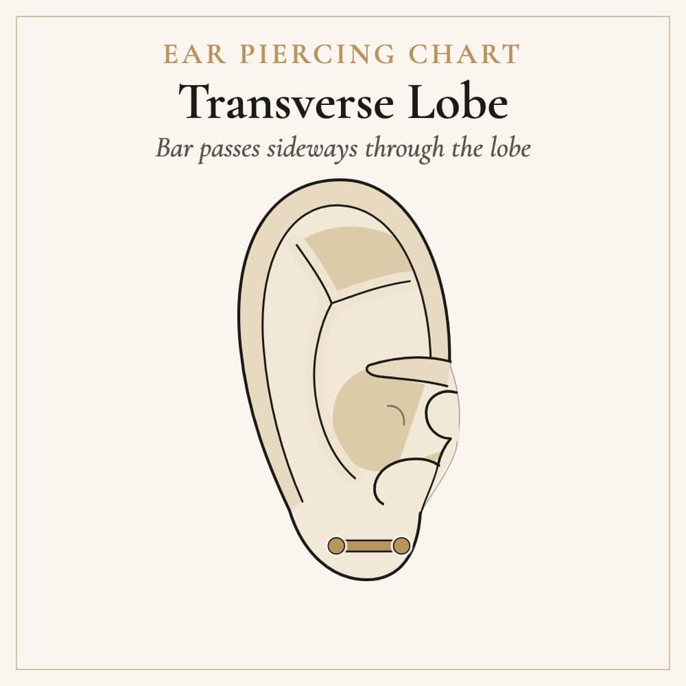 Transverse lobe piercing: a bar passing horizontally through the earlobe