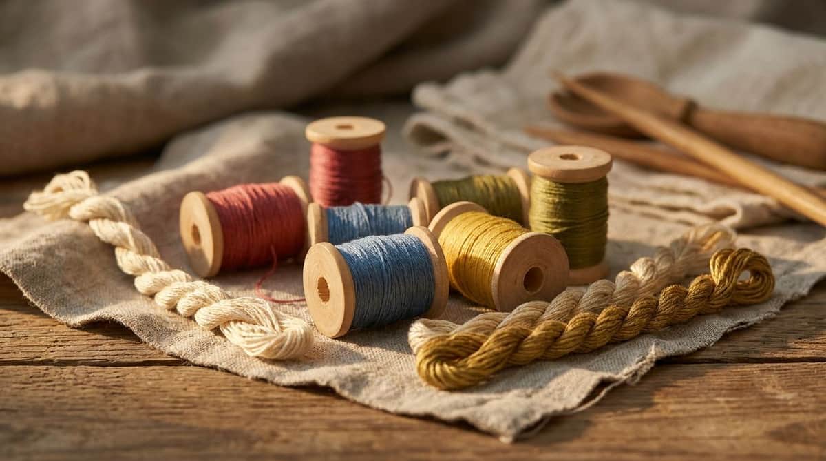 Colorful embroidery floss spools and braided thread strands on linen, evoking friendship bracelet making