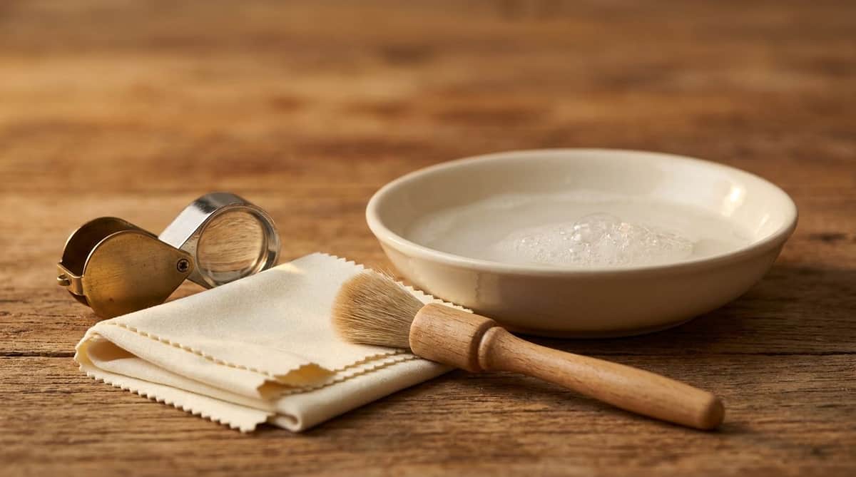 Editorial still-life of a jeweler's loupe, a folded microfiber polishing cloth, a soft brush, and a shallow bowl of soapy water on a warm wood surface in golden light
