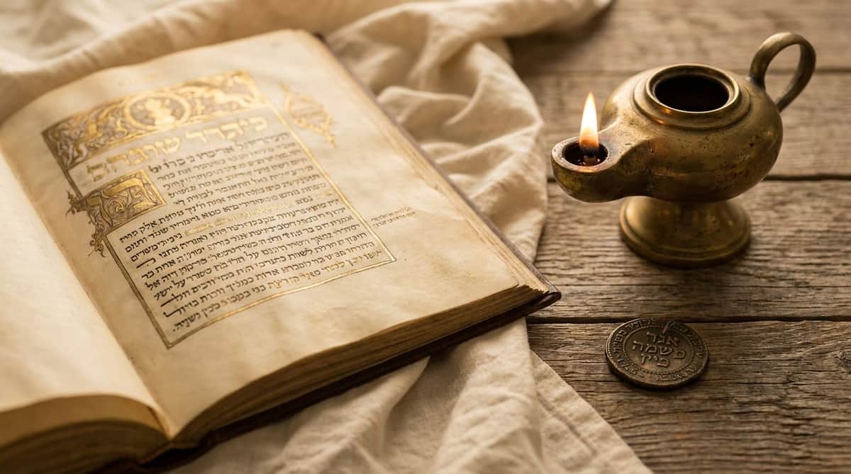Antique illuminated Hebrew manuscript, brass oil lamp and inscribed coin on linen and wood