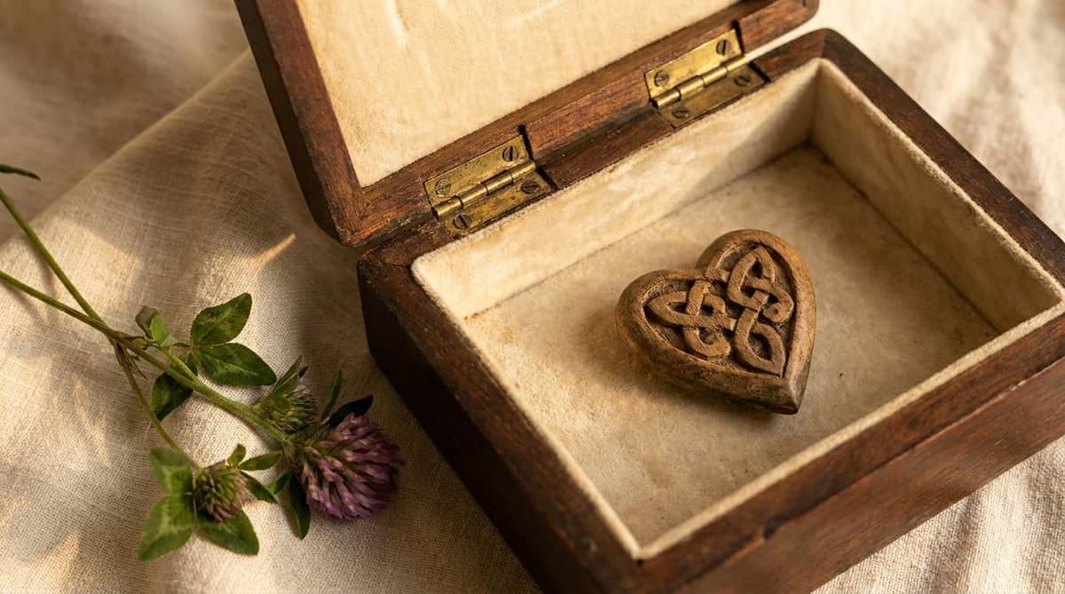 Antique wooden trinket box holding a carved Celtic-knot heart and a sprig of clover, evoking Irish heritage