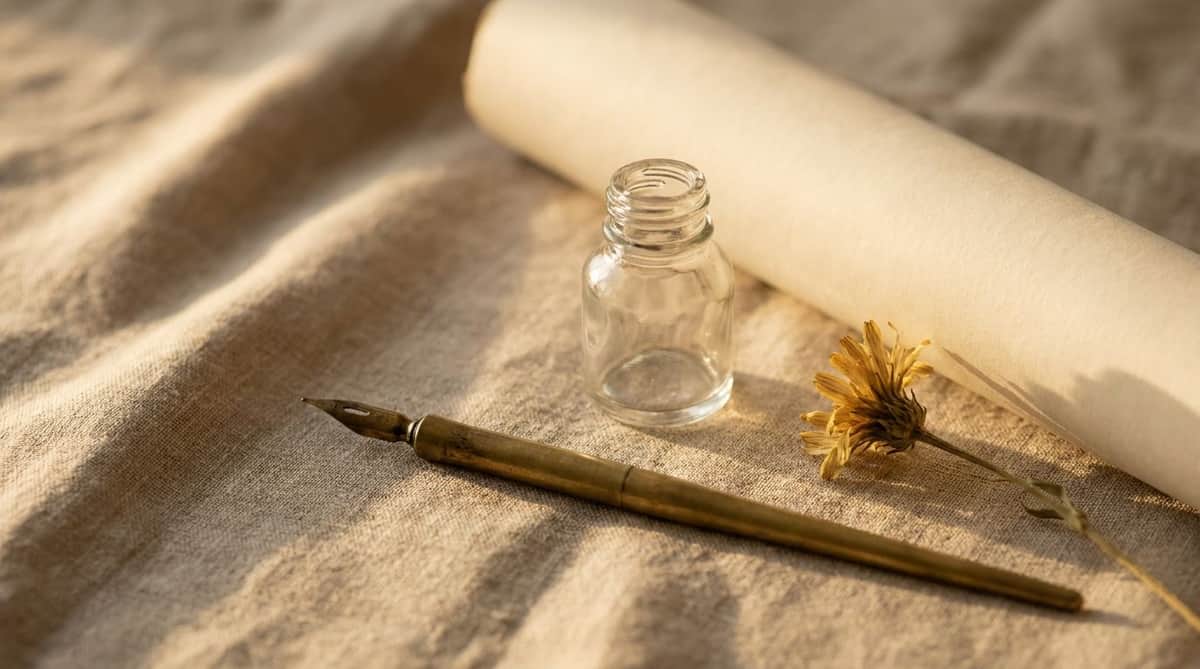 Antique brass dip pen, plain glass ink bottle, and curled blank parchment paper on warm linen, evoking handwritten cursive script