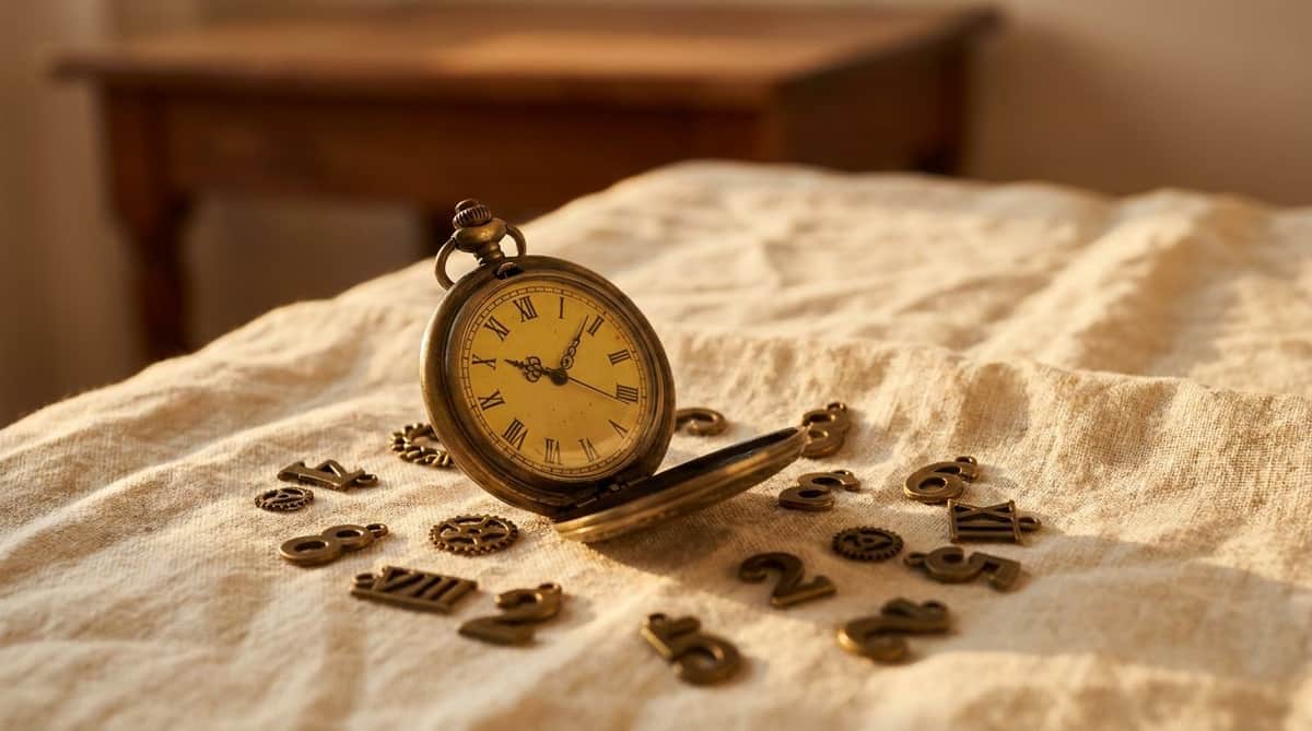 Antique brass pocket watch surrounded by scattered loose brass numeral charms on warm linen