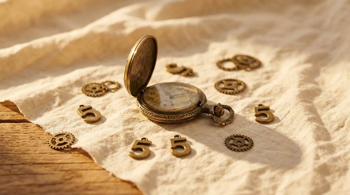 Antique brass pocket watch surrounded by scattered loose brass numeral-5 charms on warm linen