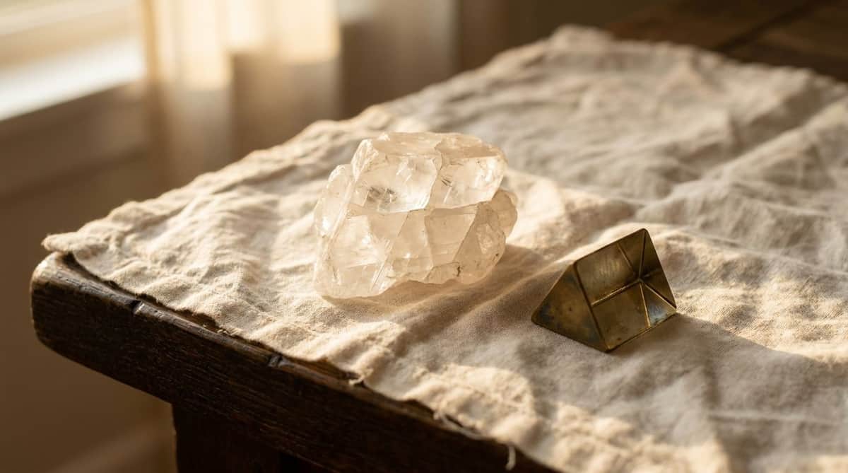 A raw translucent rhombohedron cluster of clear optical calcite (Iceland spar) beside a small brass prism on linen