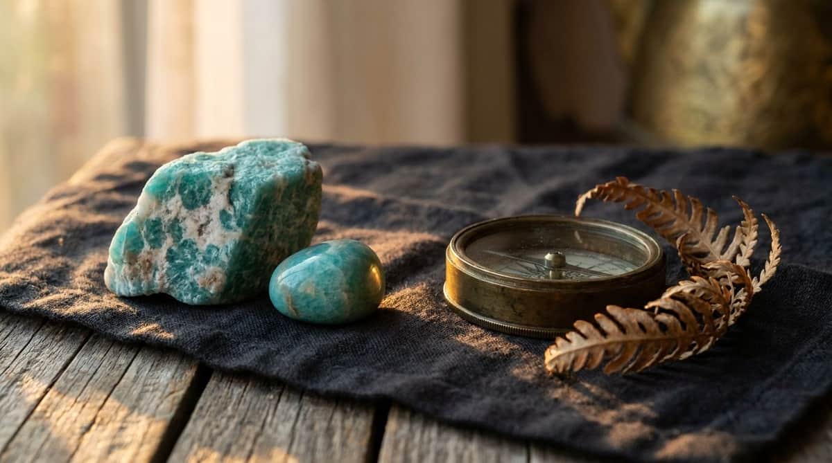Raw rough-cut amazonite stone with white mottled feldspar texture beside a smaller tumbled polished amazonite pebble, next to an antique brass compass and a dried fern frond on dark linen