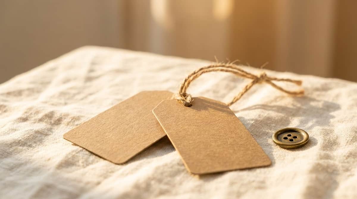 Two blank kraft-paper luggage tags tied together with twine on warm linen
