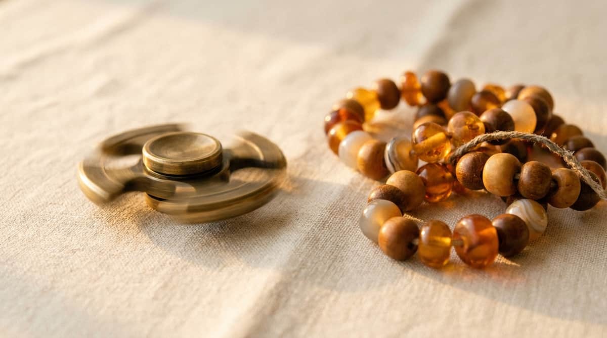 A brass fidget spinner top mid-spin beside a coil of wooden worry beads on warm linen, golden-hour light