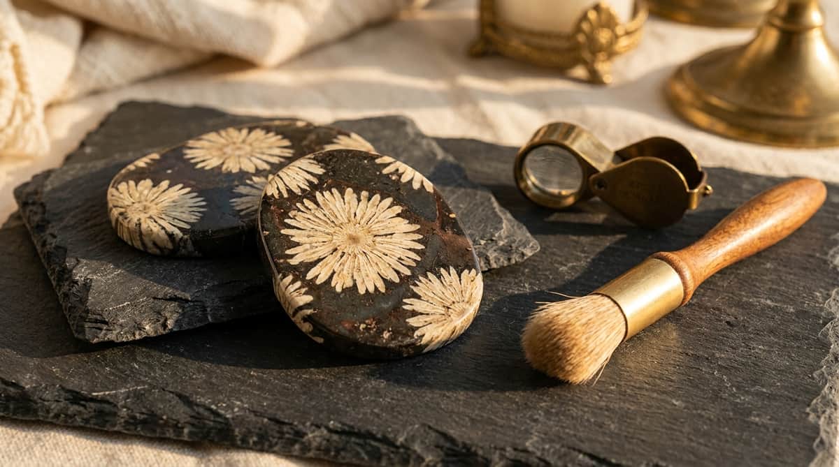 Polished dark chrysanthemum stone slabs showing pale radiating flower-shaped mineral clusters on dark slate beside a brass loupe and soft brush