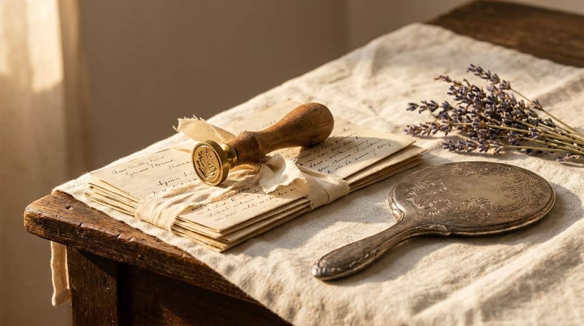 Antique wax-seal stamp, tied bundles of handwritten letters and an engraved hand mirror on linen, evoking a family name passed down