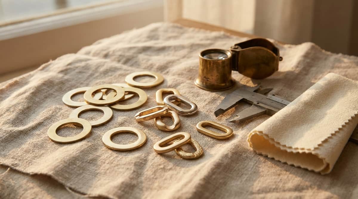Loose flat oval gold-tone metal link swatches of different finishes scattered on raw linen beside a brass jeweler's loupe, a caliper, and a folded polishing cloth