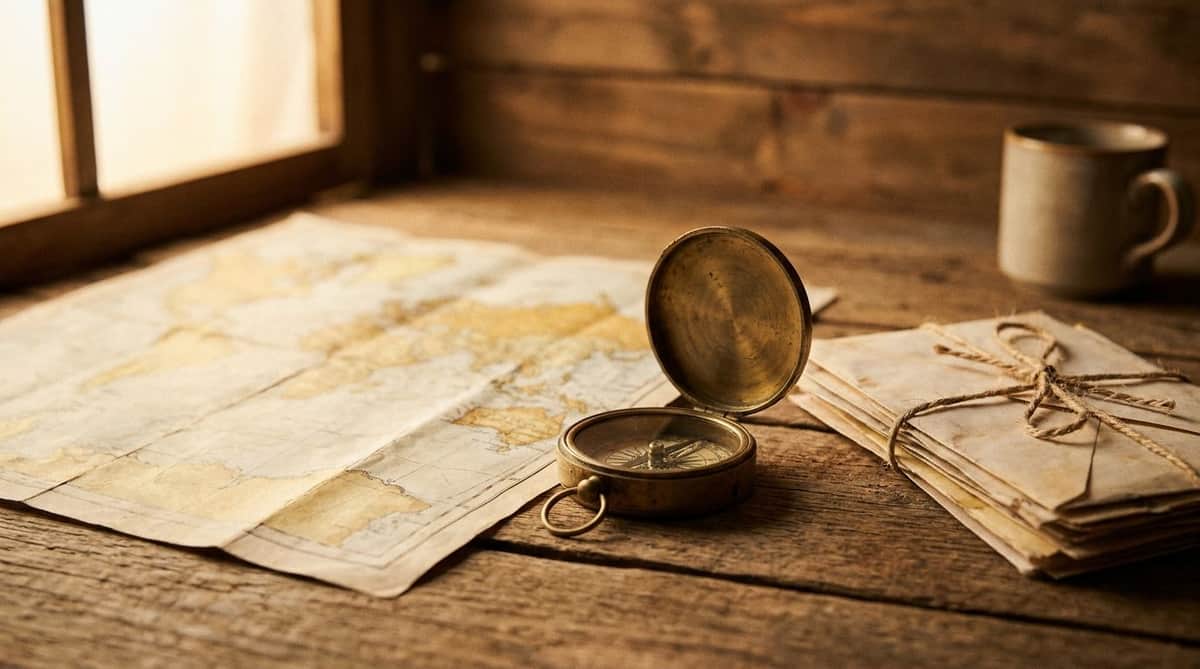 Antique brass compass and folded paper map on a weathered wooden desk beside a bundle of old letters tied with twine, warm golden light