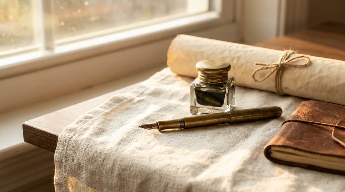 Antique brass fountain pen and inkwell beside a rolled blank parchment scroll and a leather-bound notebook on warm linen, editorial still life