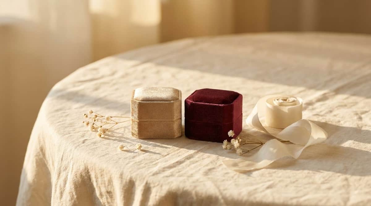 Two closed velvet ring boxes, champagne-gold and deep burgundy, beside ivory ribbon and dried baby's-breath on cream linen in golden-hour light