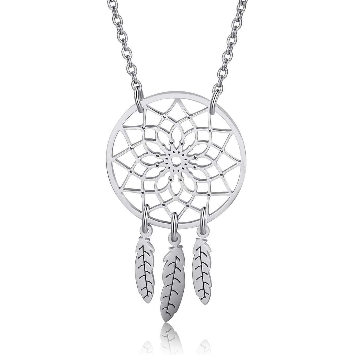 A silver dream catcher necklace with woven web and feather details, handcrafted by FARUZO