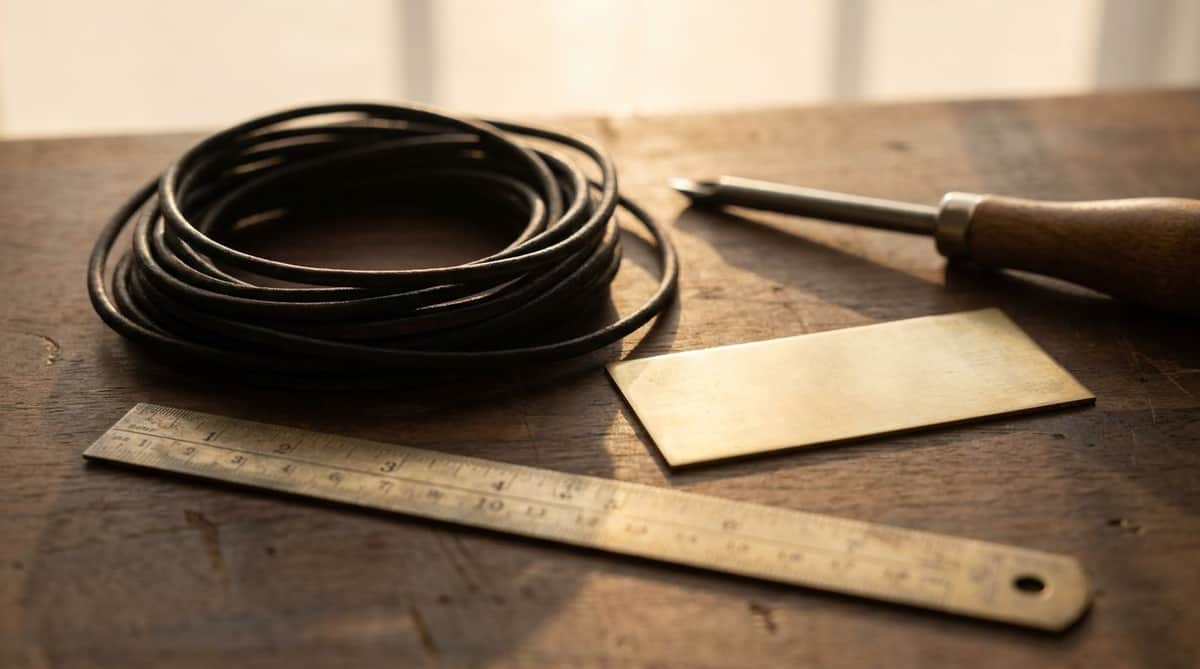 A coil of raw dark leather cord, a flat brass engraving plate blank, a steel engraving stylus, and a brass ruler on a dark walnut workbench