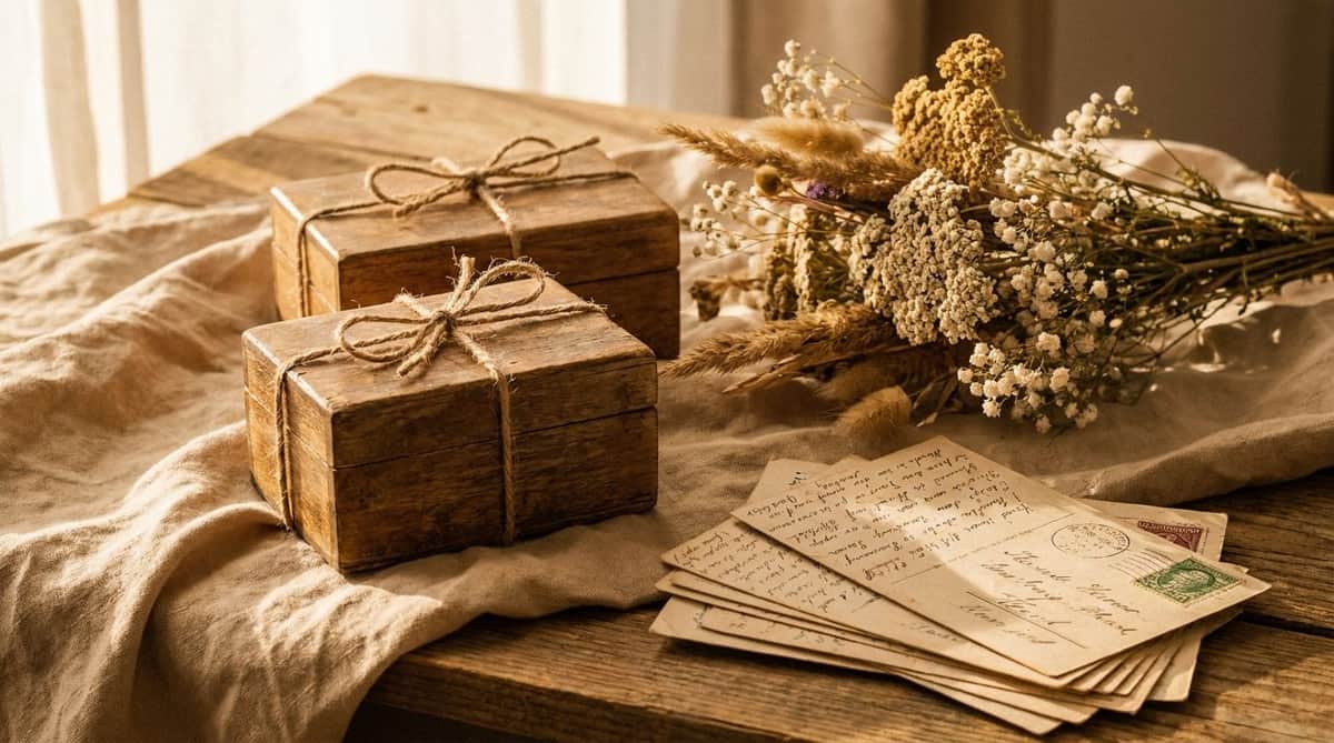 Two matching vintage wooden keepsake boxes tied with twine, beside dried flowers and handwritten postcards