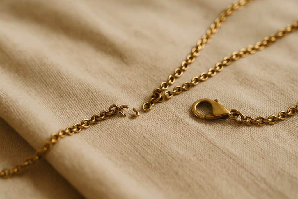 broken_gold_necklace_chain_on_beige_fabric